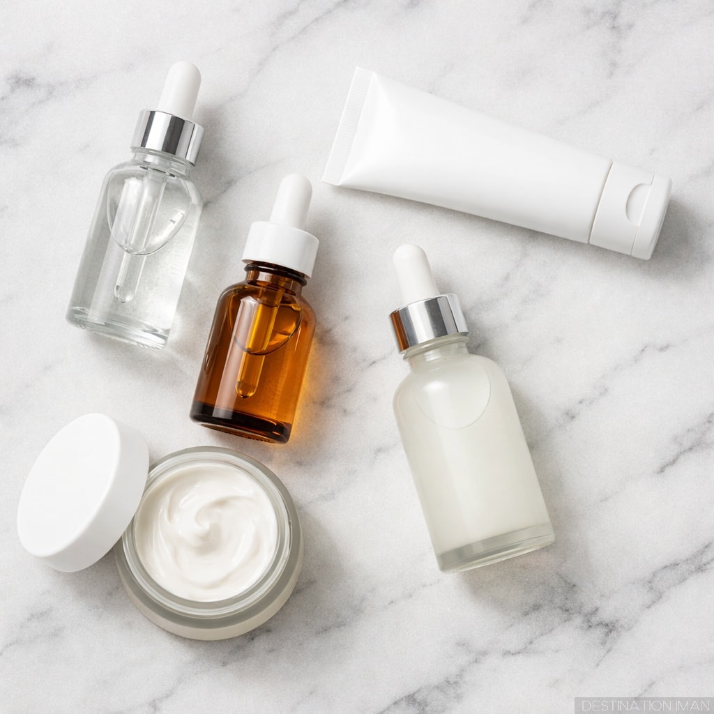 Minimal flat lay of skincare serum bottles and products on white background