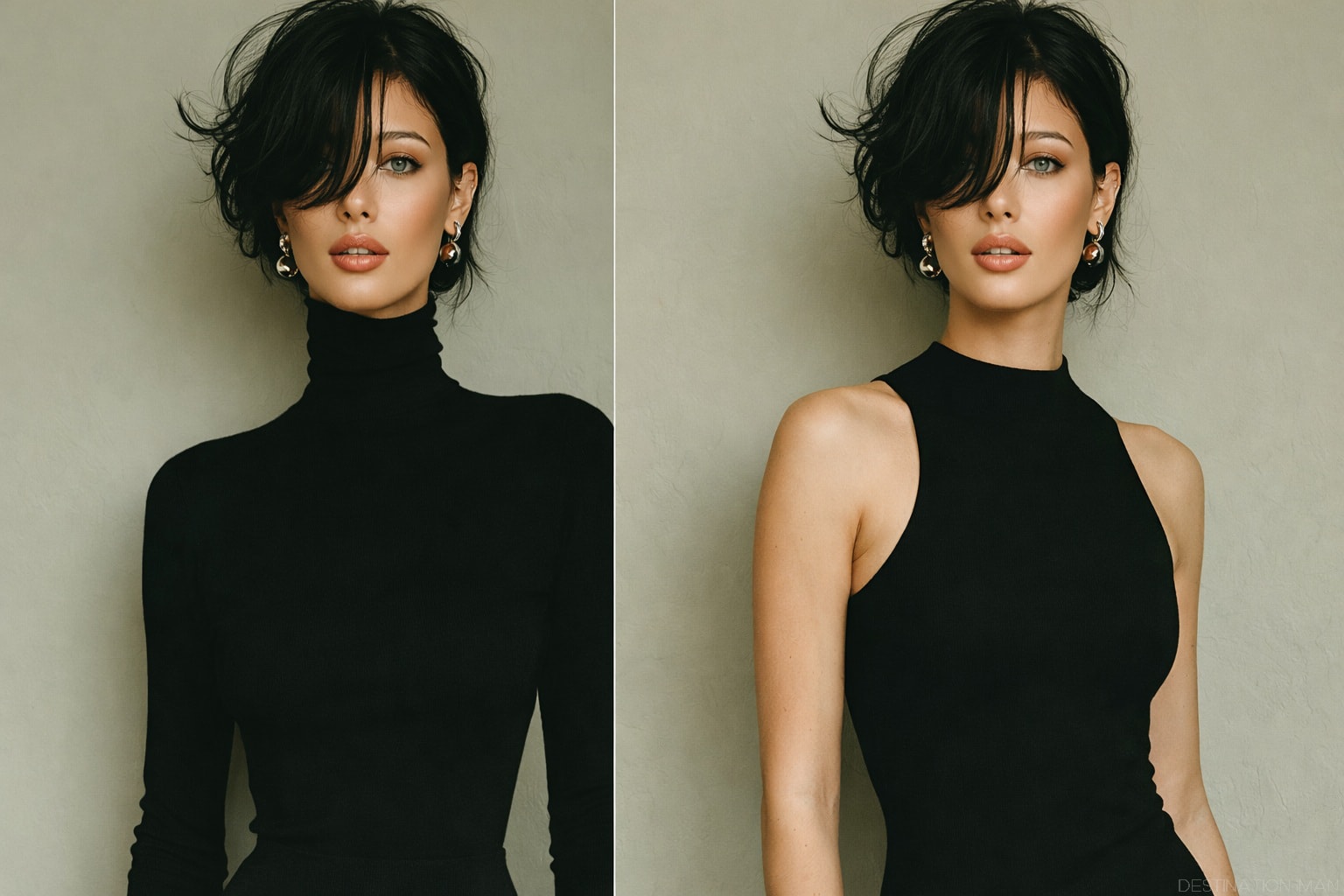 Comparison of long sleeves versus sleeveless tops and how sleeve length affects arm appearance in portraits