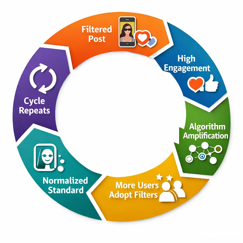 Circular diagram illustrating the self-reinforcing social feedback loop that normalizes beauty filters across platforms through engagement and algorithmic amplification