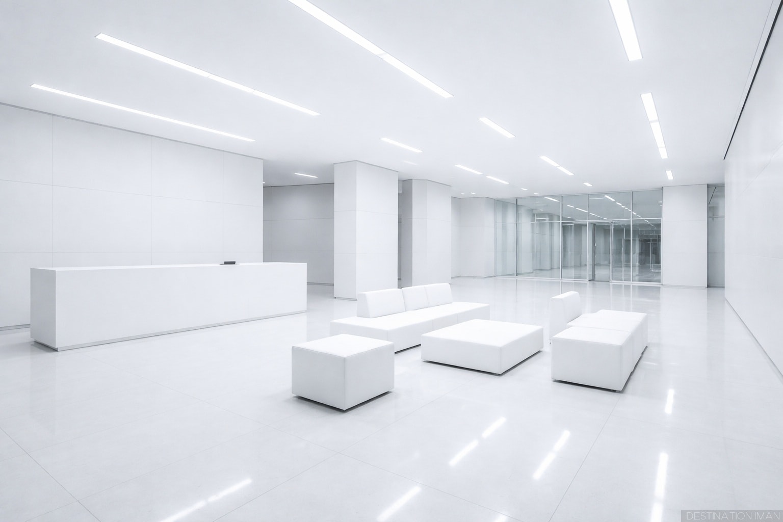 Overly sterile white minimalist corporate interior with harsh LED lighting demonstrating when simplicity becomes cold, clinical, and alienating rather than luxurious