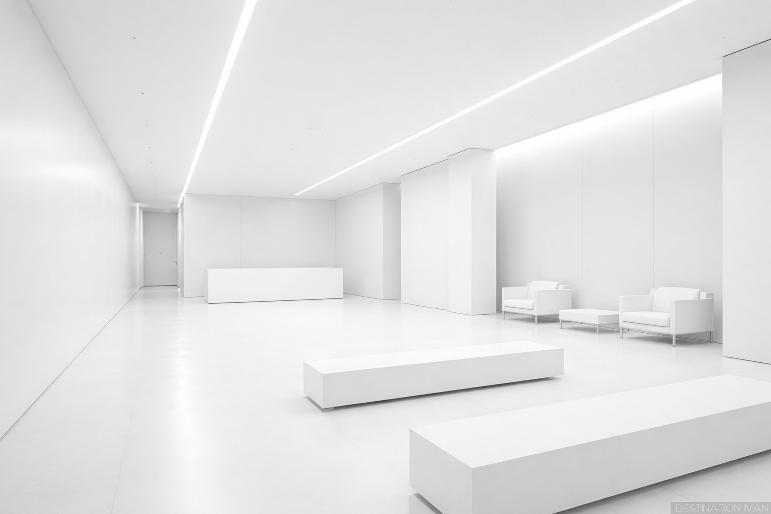 Overly sterile white minimalist corporate interior with harsh LED lighting demonstrating when minimalism becomes cold, clinical, and alienating rather than refined