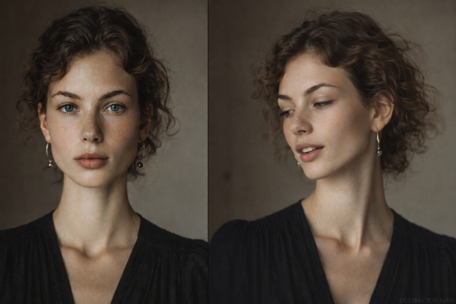 Side-by-side portrait comparison showing a face in a still frontal pose versus a natural turned pose, illustrating how real beauty emerges through motion and angle