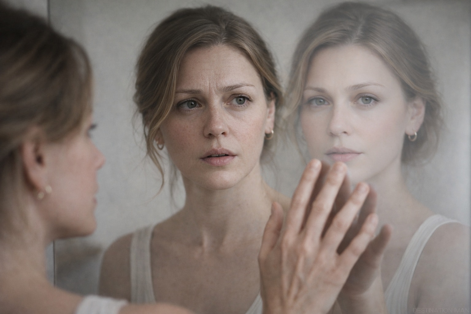 Woman experiencing moment of self-non-recognition in mirror, representing the psychological disconnect between digital and physical self-perception