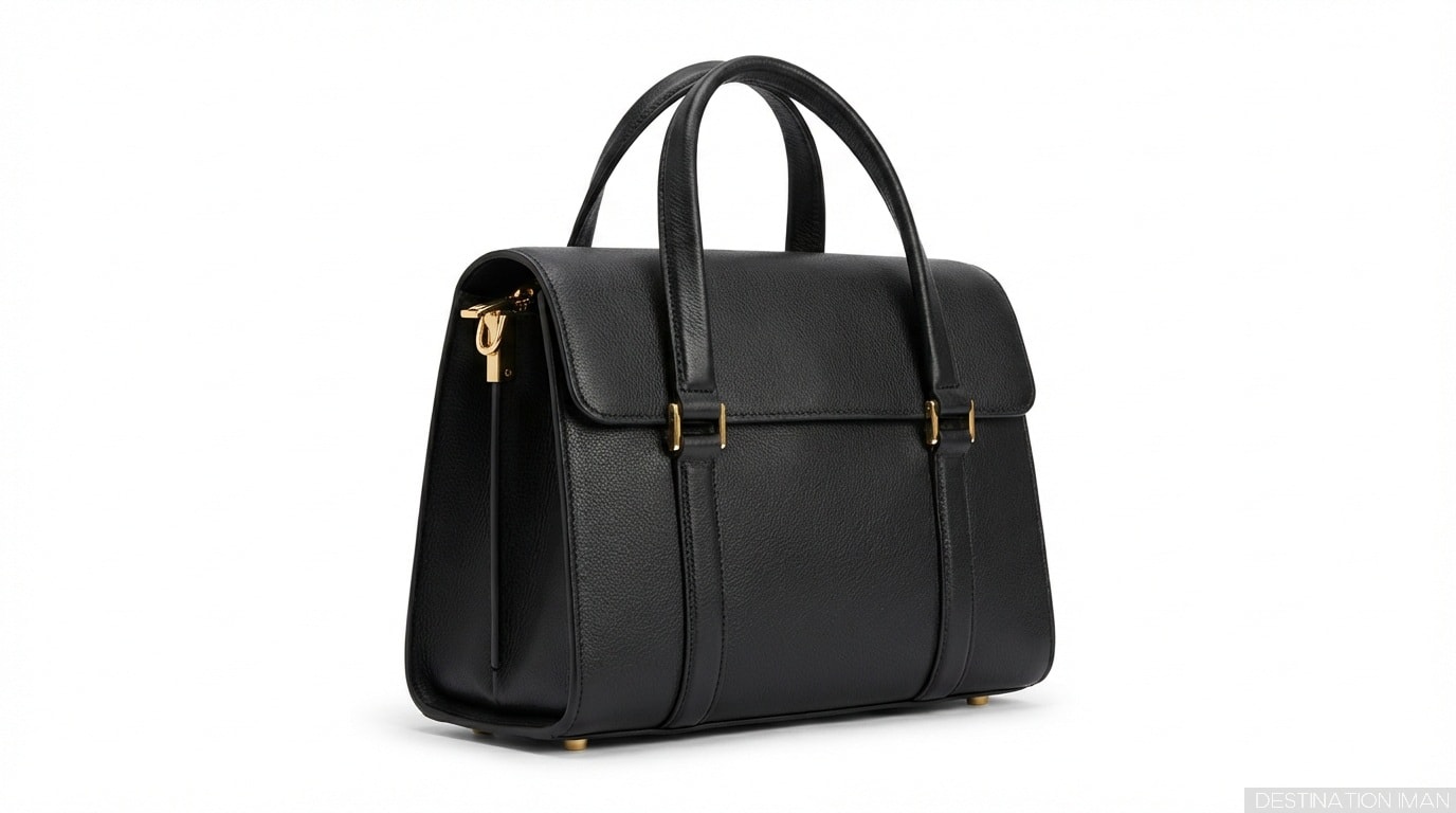 Classic structured leather handbag in black demonstrating quality construction and timeless design