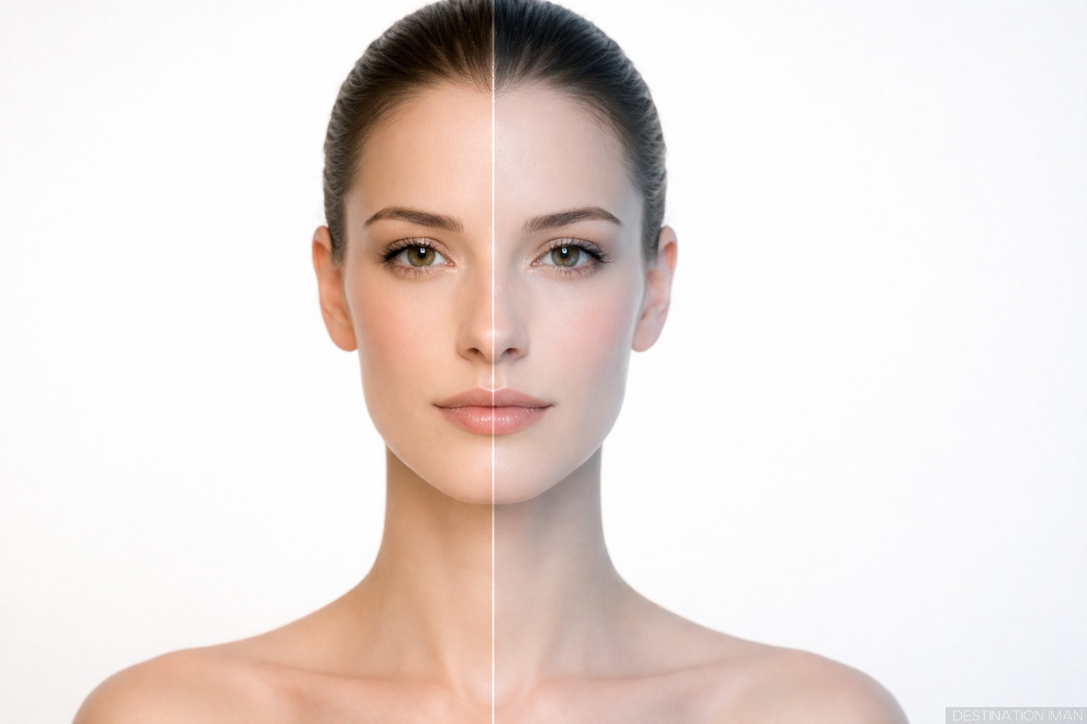 Woman's face demonstrating perfect bilateral symmetry with soft lighting showing balanced facial features