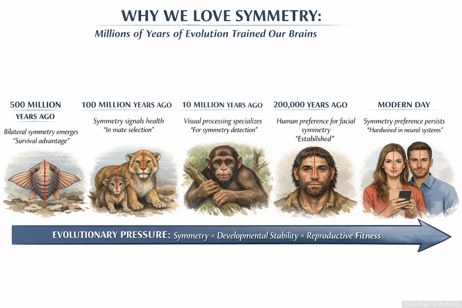 Evolutionary timeline from 500 million years ago showing bilateral symmetry emergence through early mammals, primates, to modern humans, demonstrating how symmetry preference became hardwired through natural selection
