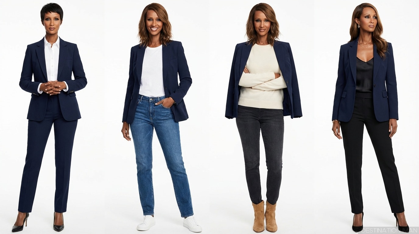 Navy blazer styled four different ways showing versatility from professional to casual
