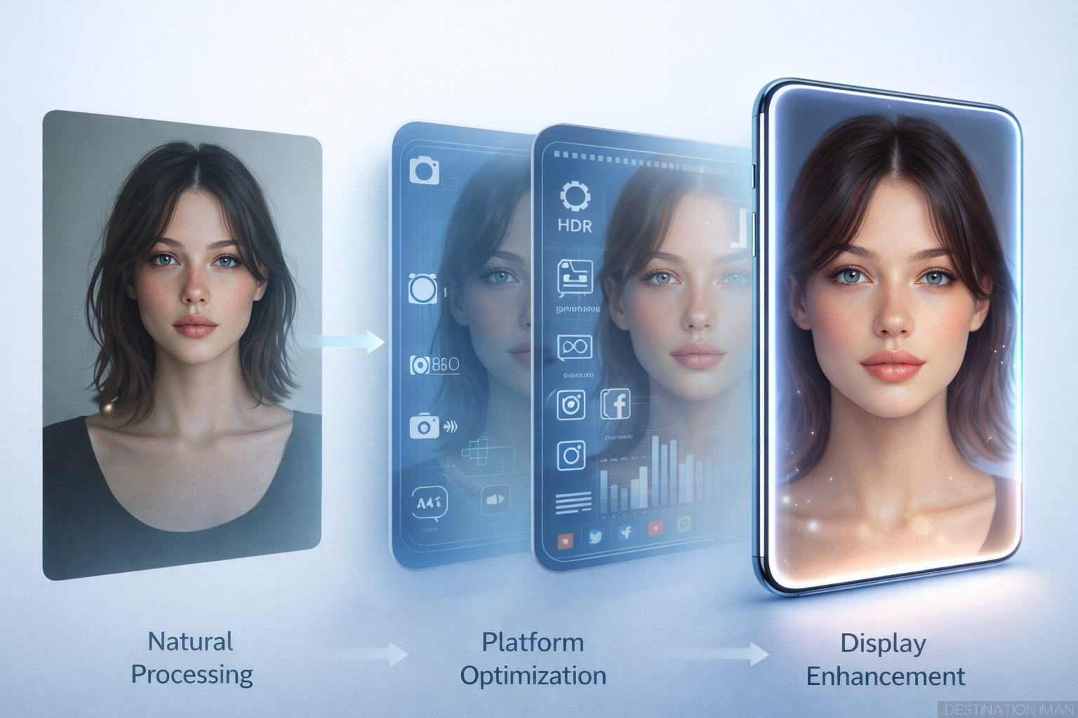 Technical transformation showing how a face passes through camera processing, platform optimization, and display enhancement layers