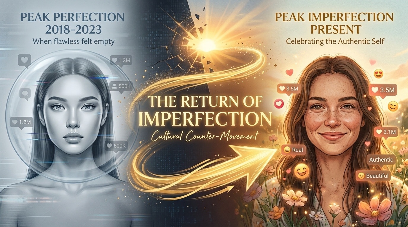 The return of imperfection cultural movement: evolution from peak digital perfection era 2018-2023 showing cold flawless emptiness to present celebration of authentic self with natural texture, freckles, and smile lines receiving higher engagement