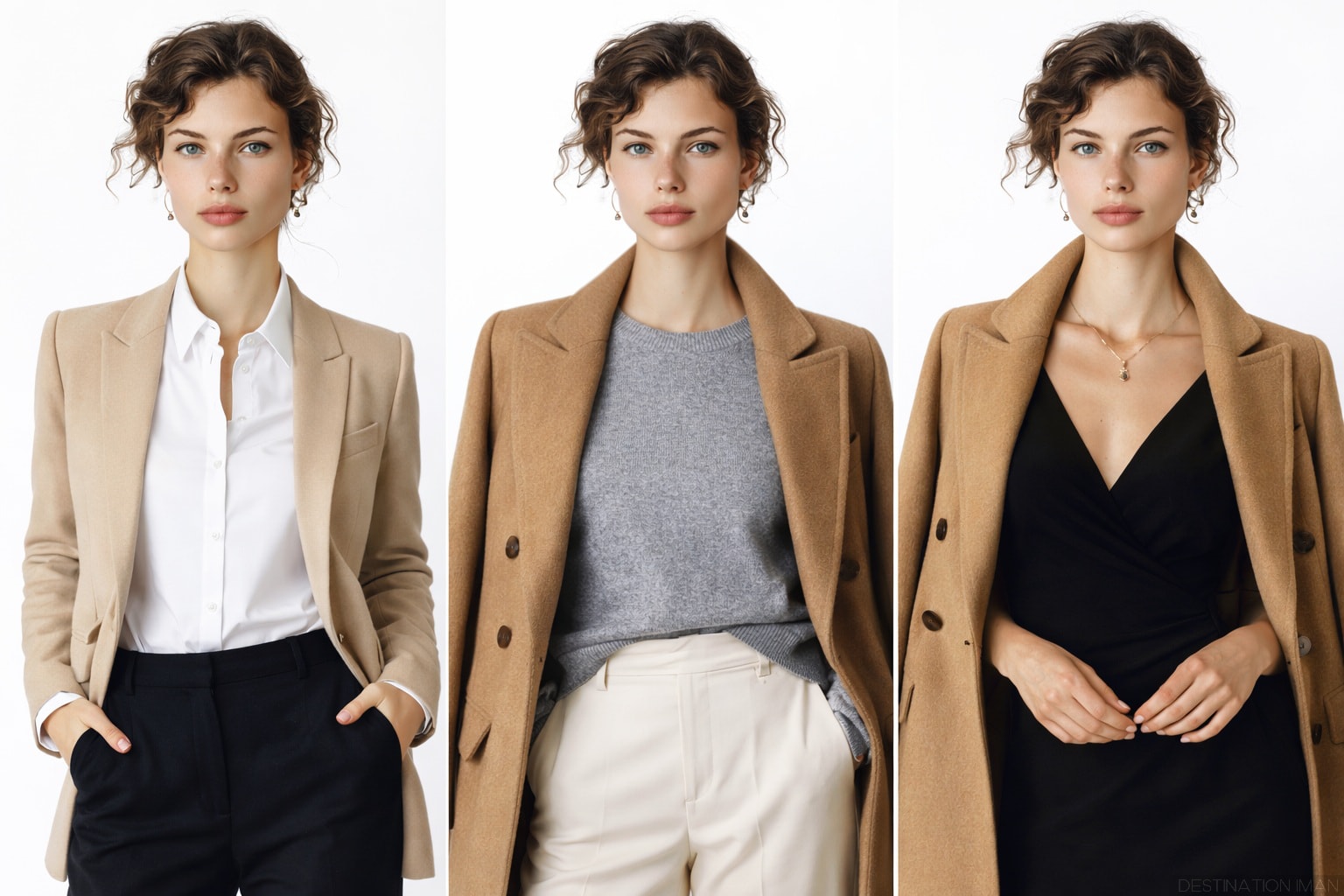 Three neutral outfit examples showing professional work outfit, smart casual outfit, and elegant evening outfit