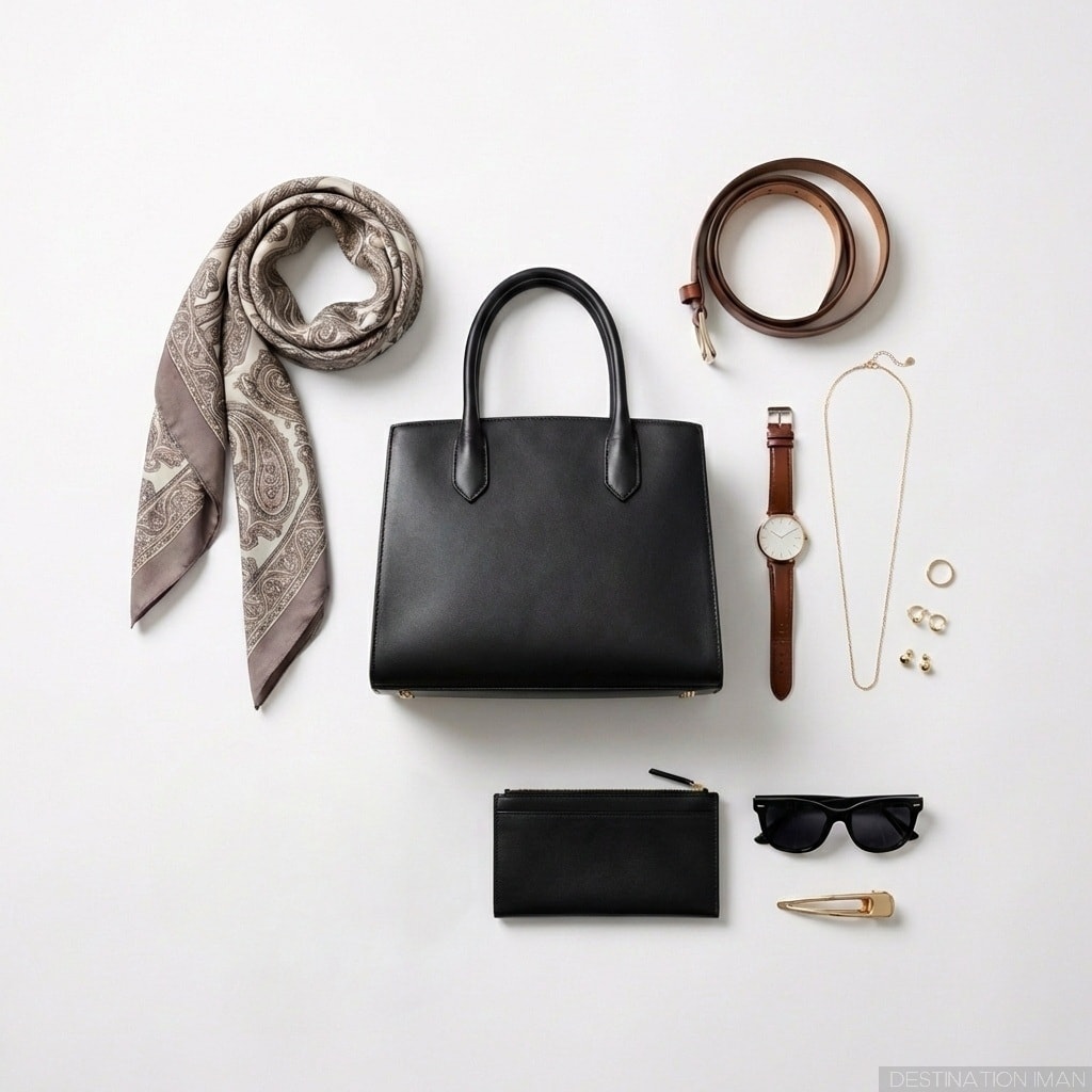 Complete timeless accessory collection flat lay - structured handbag, watch, belt, jewelry, scarf, sunglasses, wallet arranged elegantly