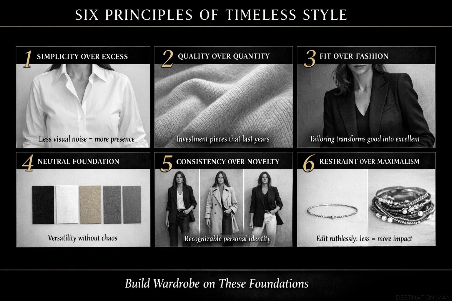 Six principles of timeless style grid: simplicity over excess, quality over quantity, fit over fashion, neutral foundation, consistency over novelty, restraint over maximalism