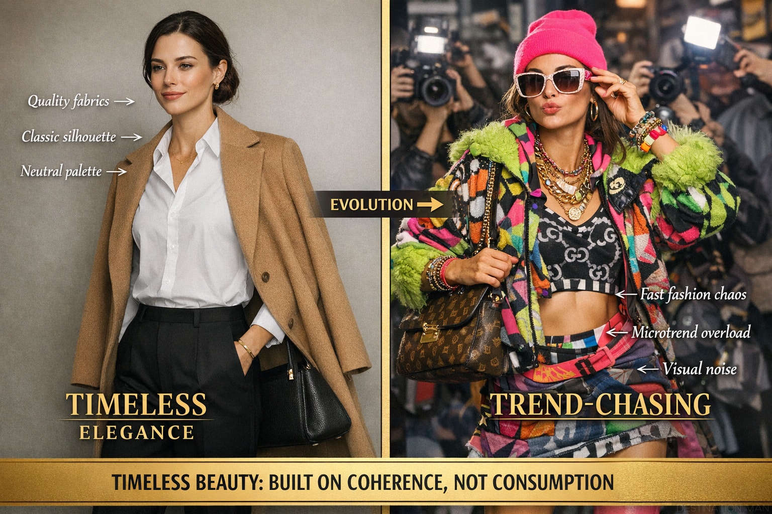 Split comparison showing timeless elegance (white shirt, black trousers, camel coat, calm posture) versus trend-chasing fashion (clashing patterns, logo overload, anxious posture)