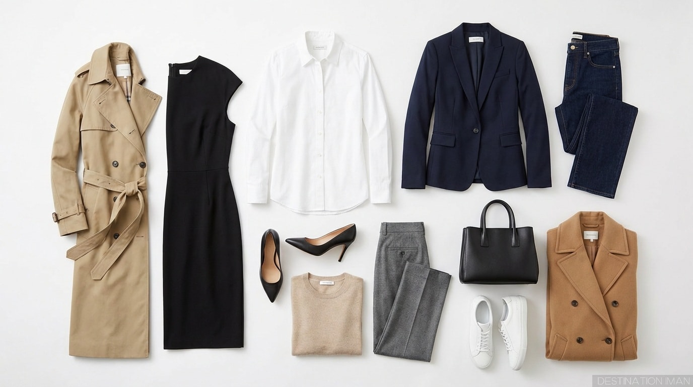 Flat lay of complete timeless wardrobe essentials arranged aesthetically showing all 12 key pieces