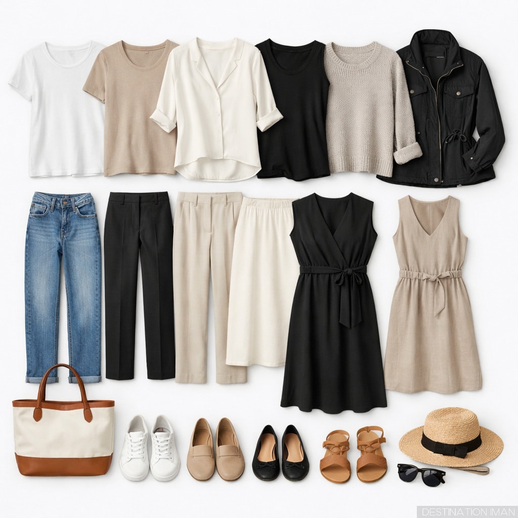 Complete 20-piece travel capsule wardrobe laid out showing coordinating neutral pieces and accent colors