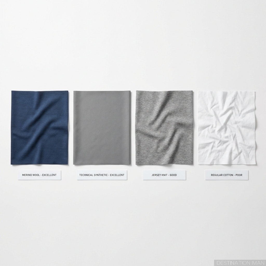 Comparison of travel-friendly fabrics showing wrinkle resistance - merino wool, technical fabrics, jersey knits