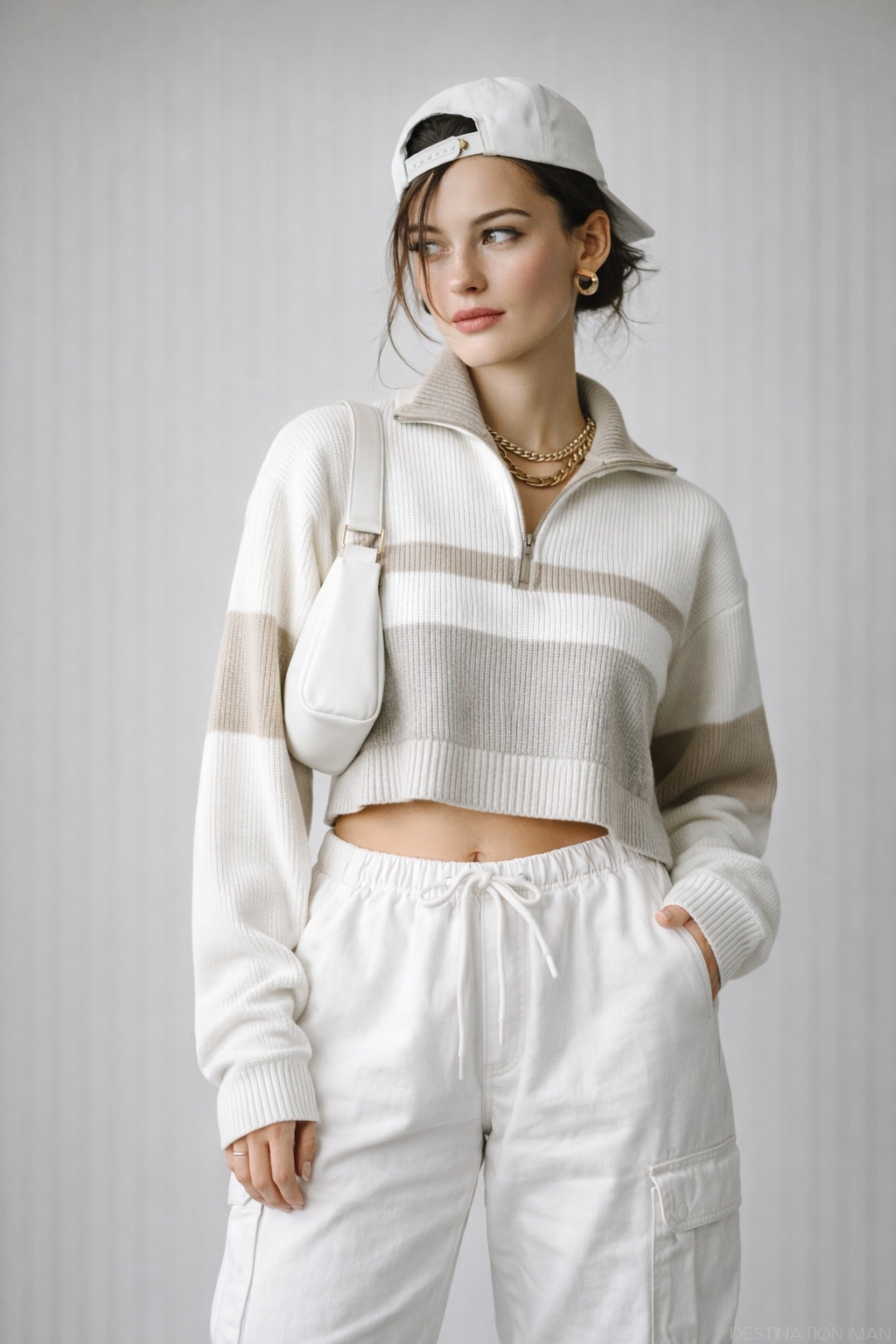 Trend-driven outfit with cropped knit top, cargo pants and accessories that date photos quickly