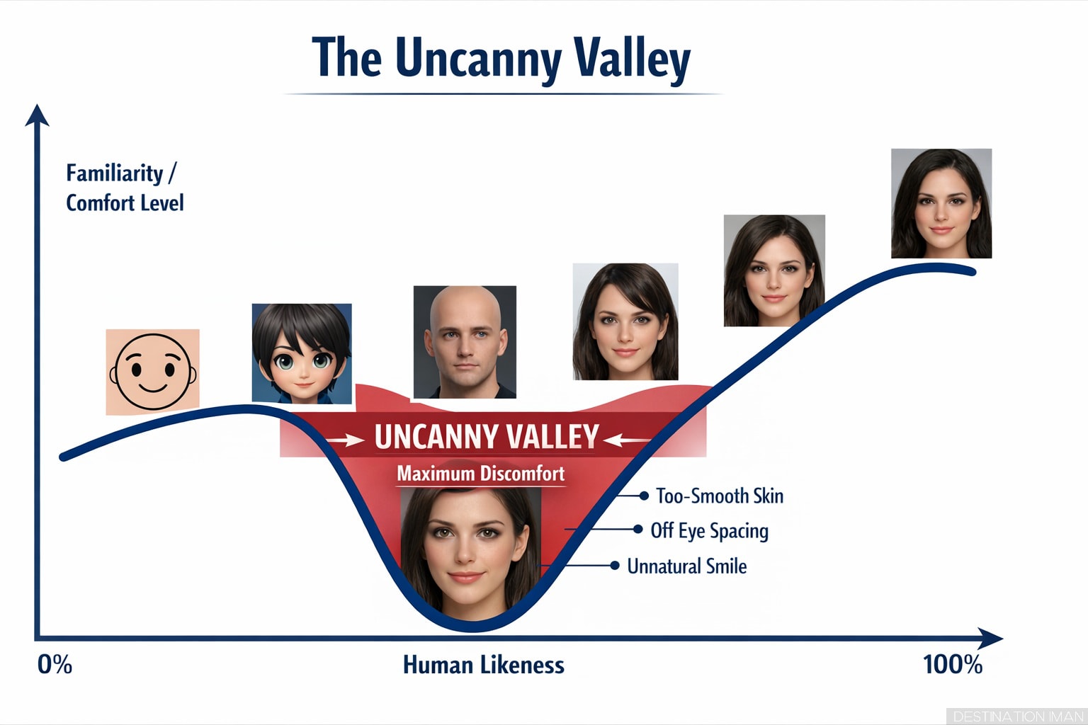 The uncanny valley curve diagram showing how comfort level changes with human likeness: rising for stylized characters, dropping sharply for almost-human AI faces with imperfections like too-smooth skin and unnatural features, then rising again for photorealistic synthetic faces