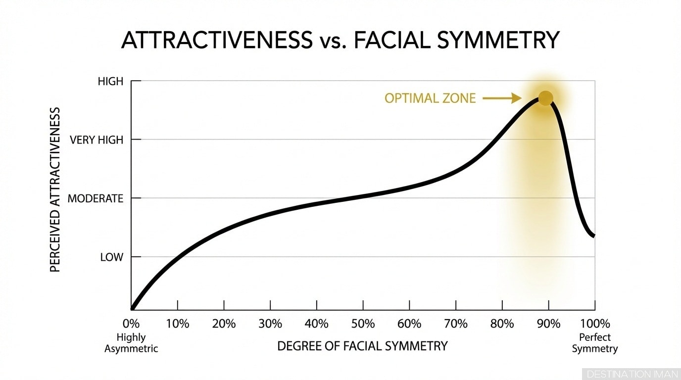 Graph showing attractiveness curve rising with symmetry then dropping sharply at perfect symmetry creating uncanny valley, with face examples at each point on curve