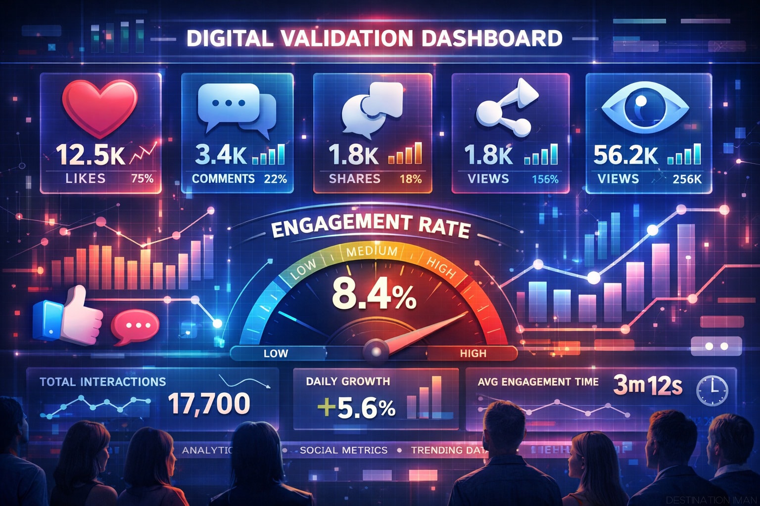 Digital validation dashboard showing quantified social metrics: 12.5K likes, 3.4K comments, 1.8K shares, 56.2K views, with central engagement rate gauge at 8.4%, performance graphs, and silhouetted people observing their worth transformed into data