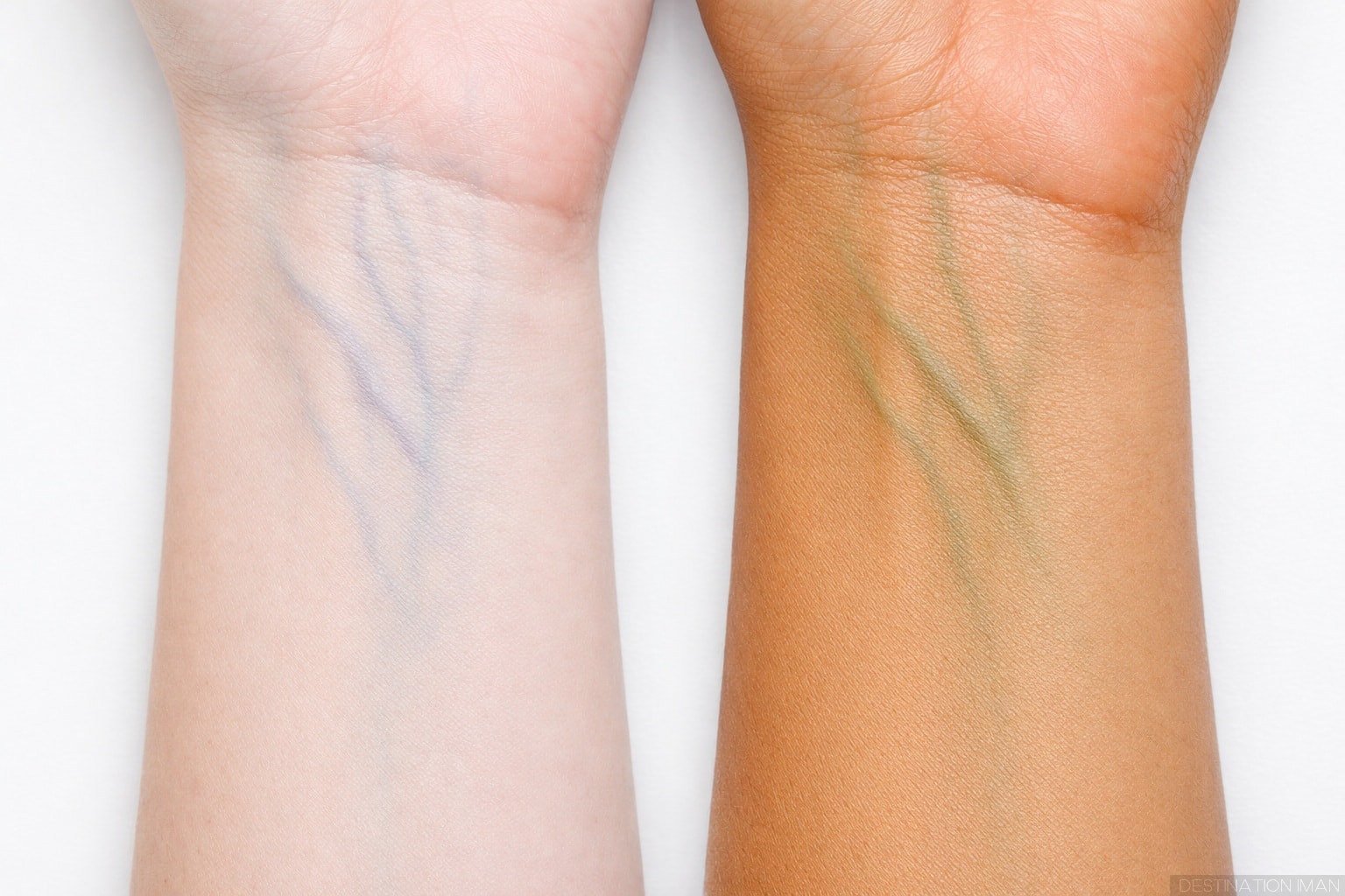 Comparison of blue and green veins on wrists showing cool and warm undertones