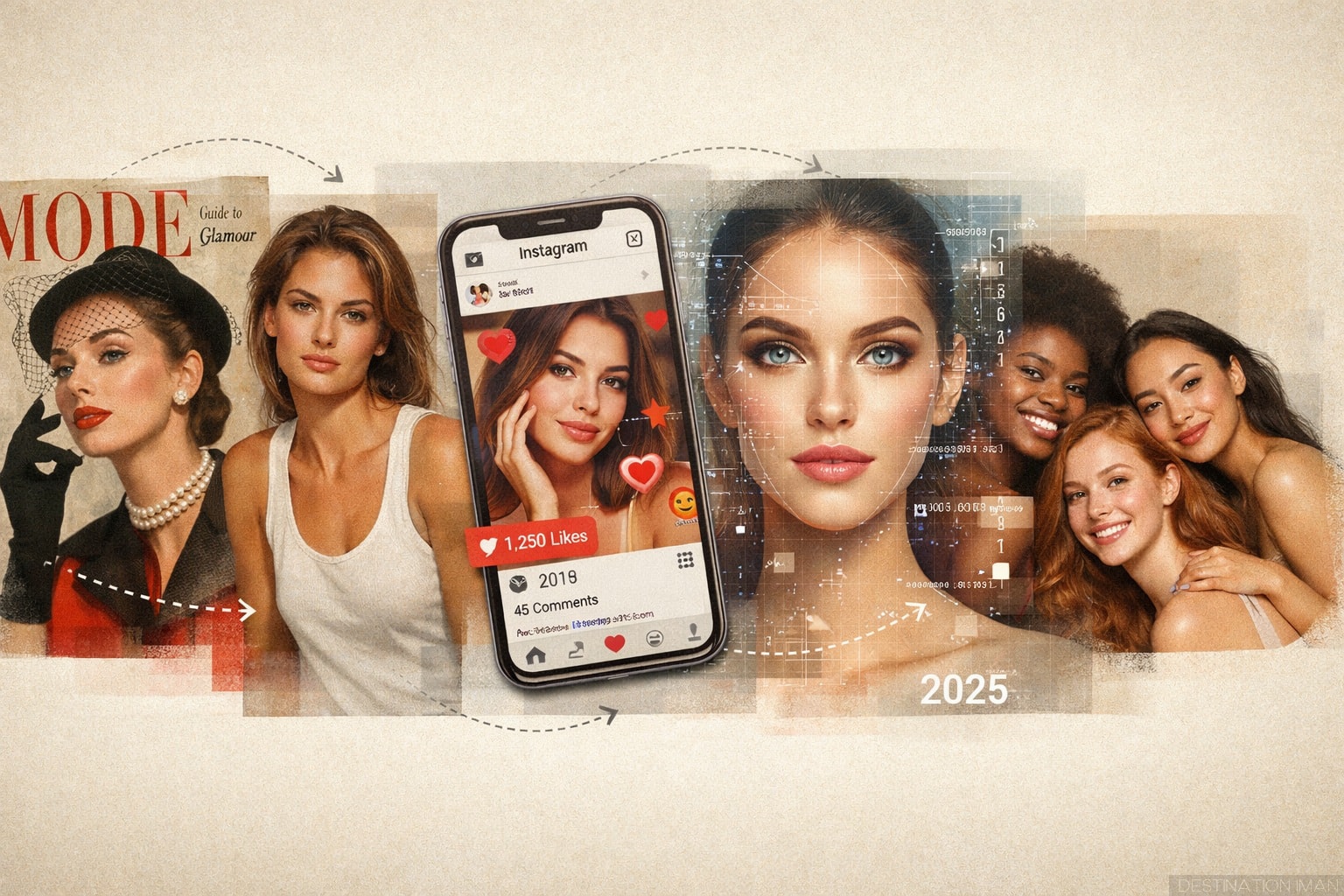 Conceptual collage showing evolution of beauty standards through visual culture: vintage magazine covers, social media feeds, AI filters, fashion editorials, advertising imagery layered together demonstrating how media shapes aesthetic perception across eras