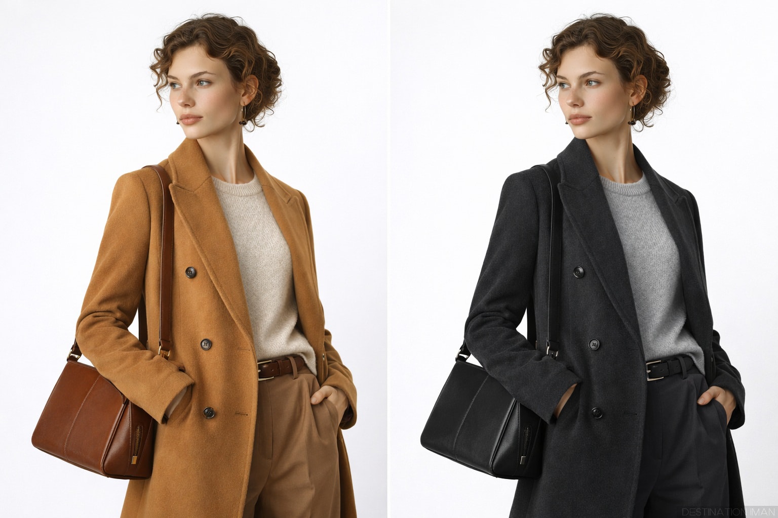 Side by side comparison showing woman in warm neutral outfit versus cool neutral outfit demonstrating temperature difference