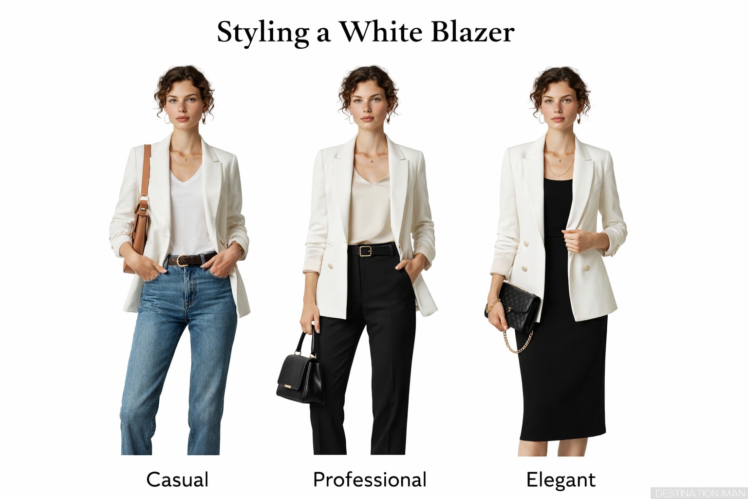 Three outfit variations showing how to style a white blazer - casual with jeans, professional with black pants, and elegant with dress