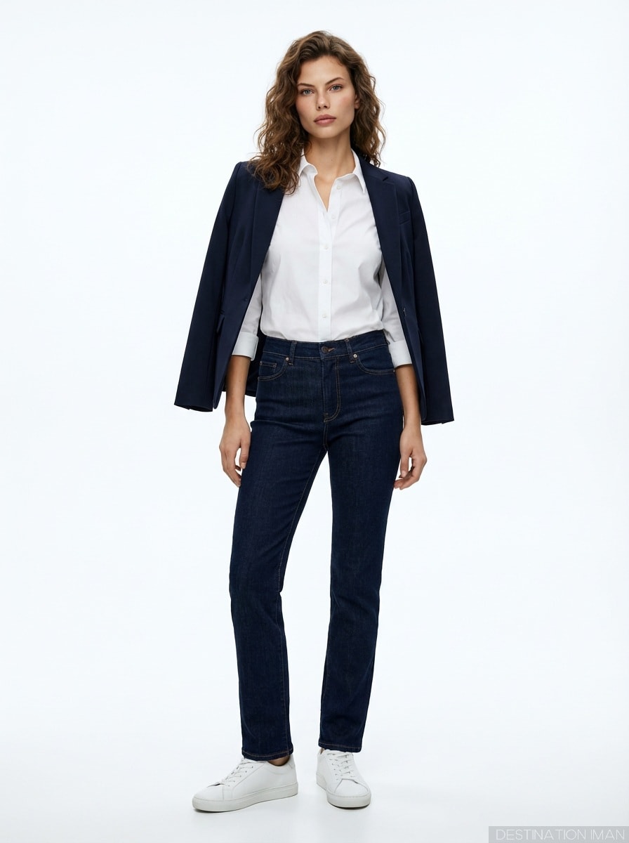 Woman wearing minimal white leather sneakers demonstrating versatile casual styling