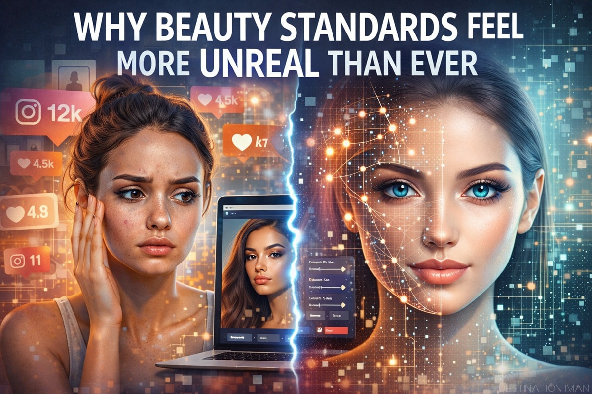 Illustration showing the contrast between natural appearance and digitally enhanced beauty in modern social media