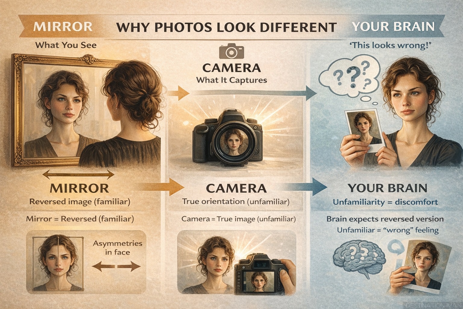 Educational infographic showing three stages: woman seeing reversed reflection in mirror (familiar), camera capturing true orientation (unfamiliar), and brain reacting with confusion because photo looks wrong
