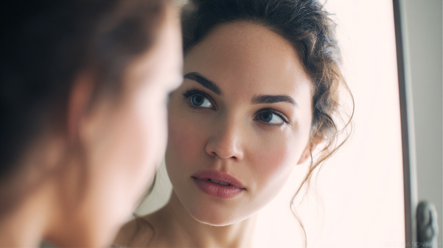 Woman looking at camera with blurred mirror reflection showing the difference between mirror and photo perception