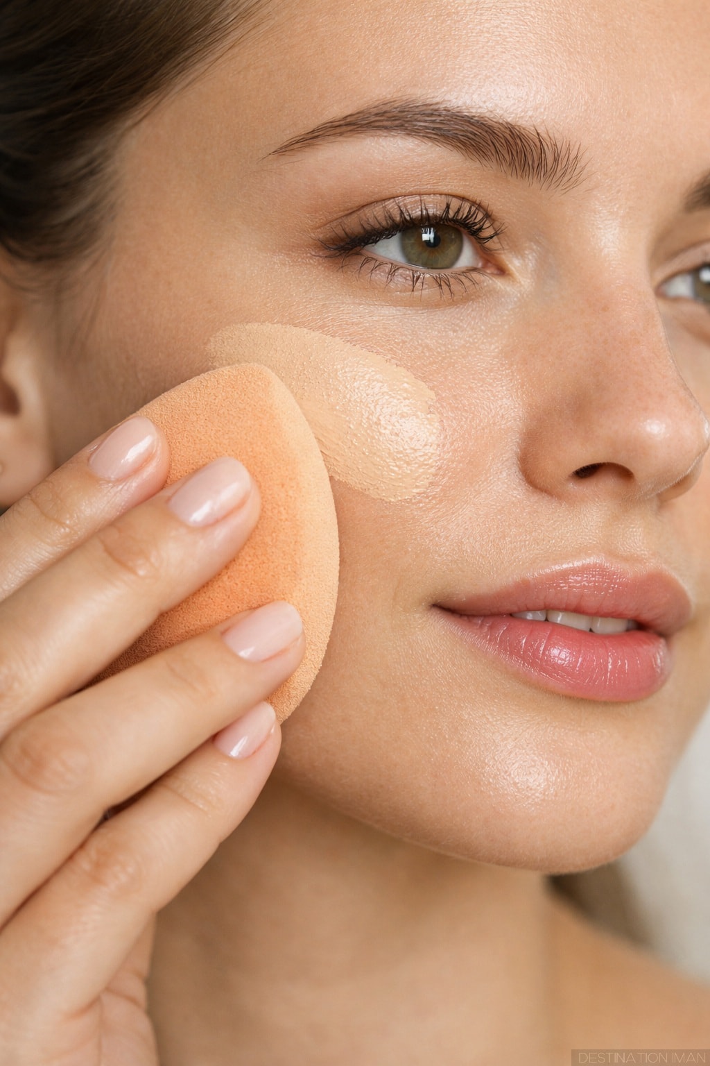 Woman applying lightweight foundation with a beauty sponge for natural coverage