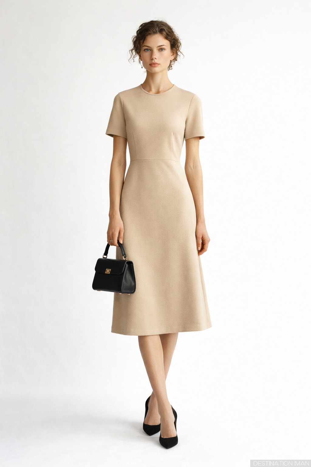 Woman wearing classic beige midi dress with simple black pumps and structured handbag