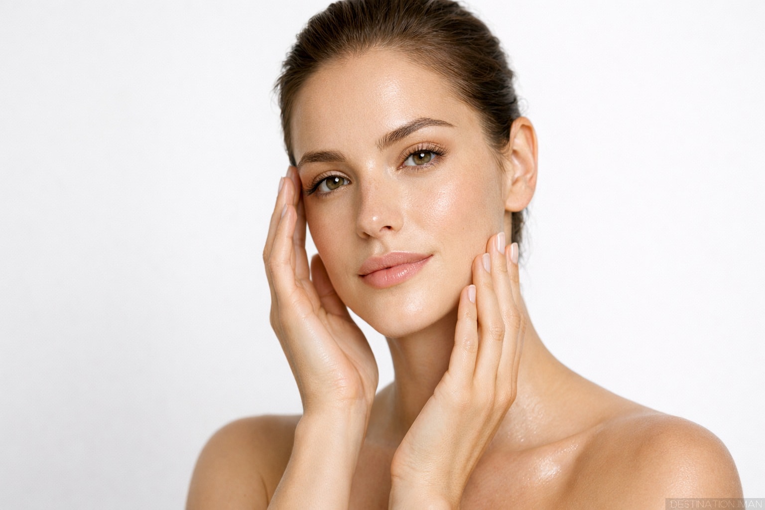 Woman with natural glowing skin gently touching her face, demonstrating healthy skin from a consistent skincare routine