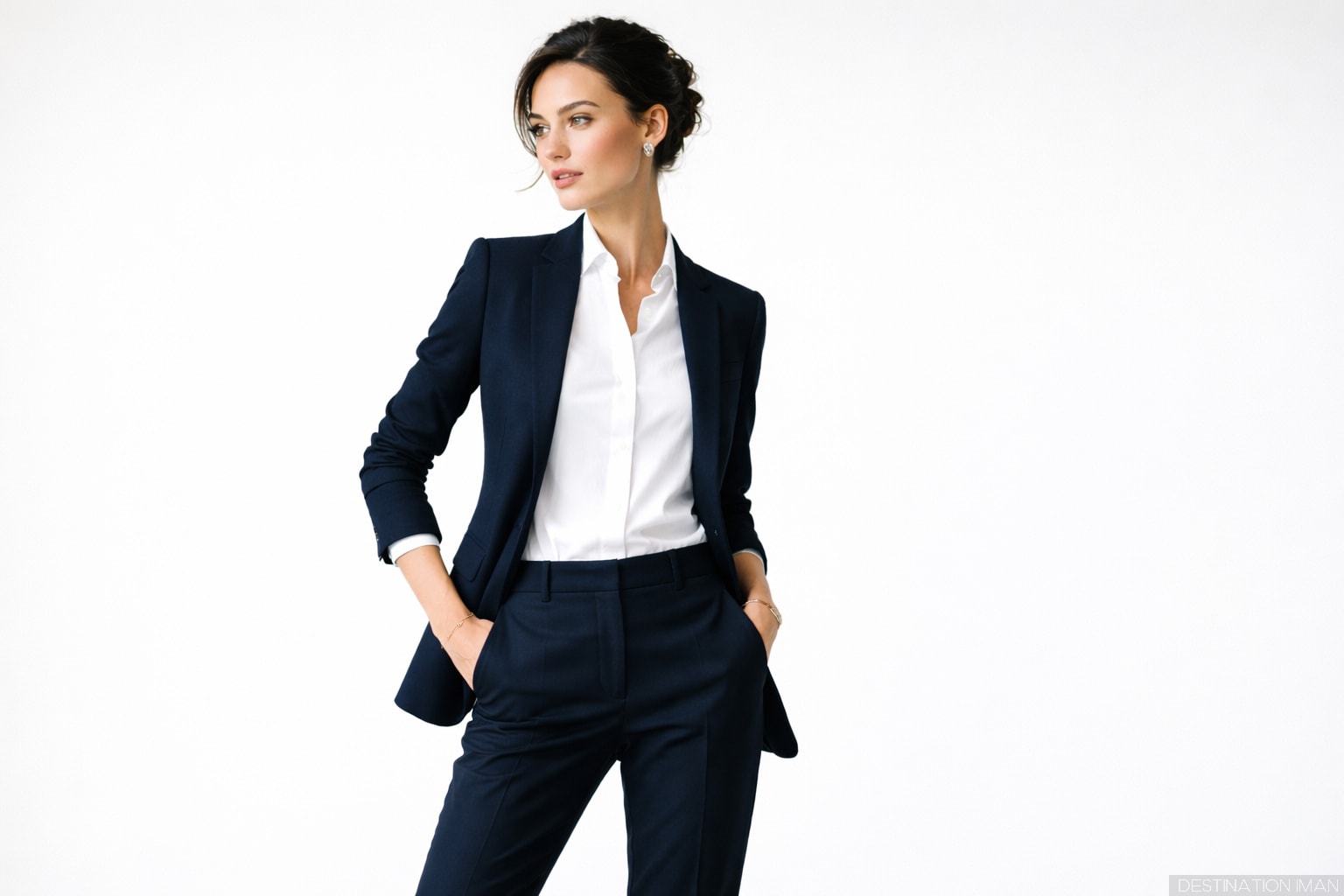 Woman wearing timeless classic outfit - white button-up shirt, navy blazer, and dark jeans demonstrating essential wardrobe pieces