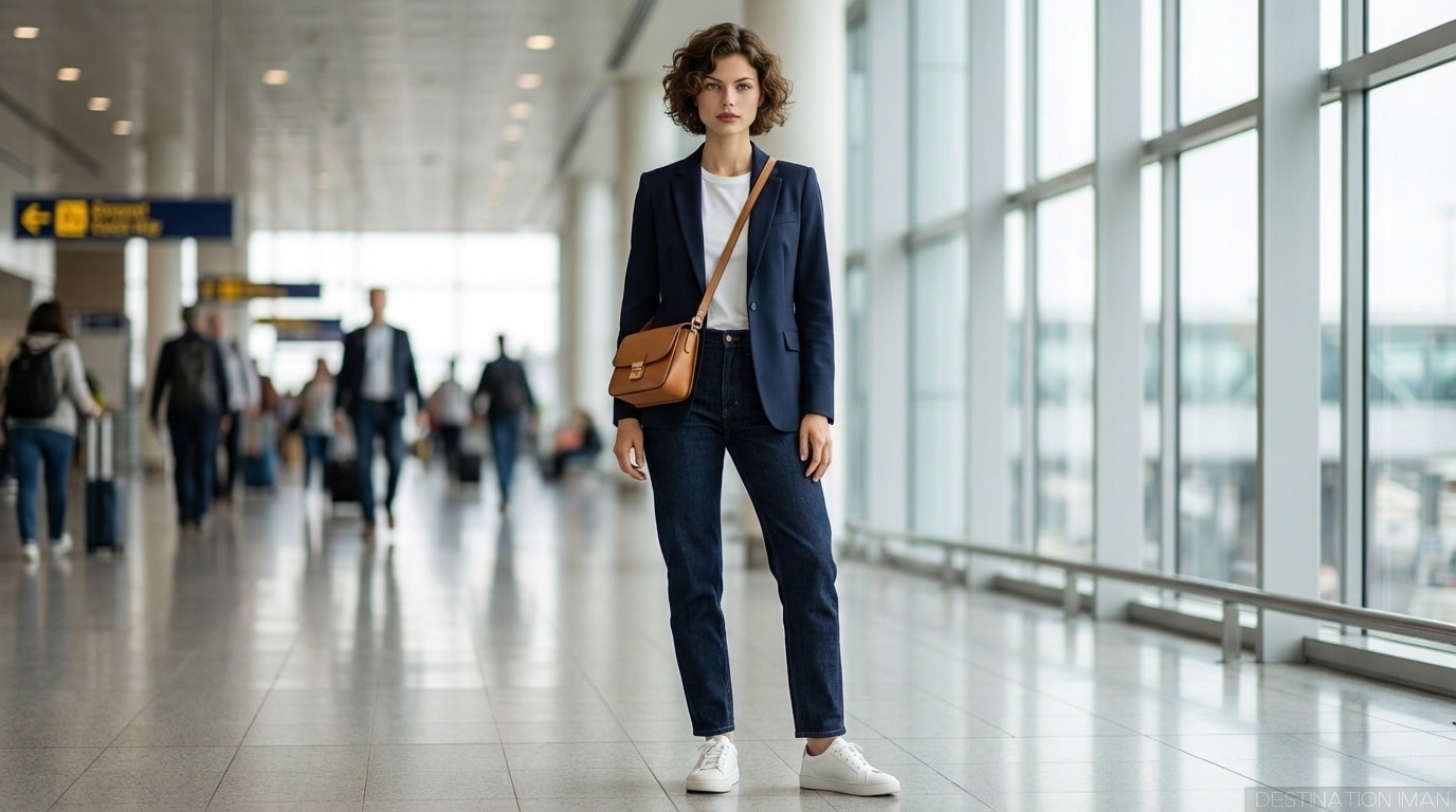 Woman wearing perfect travel outfit - comfortable blazer, dark jeans, stylish sneakers, and structured bag demonstrating ideal travel style