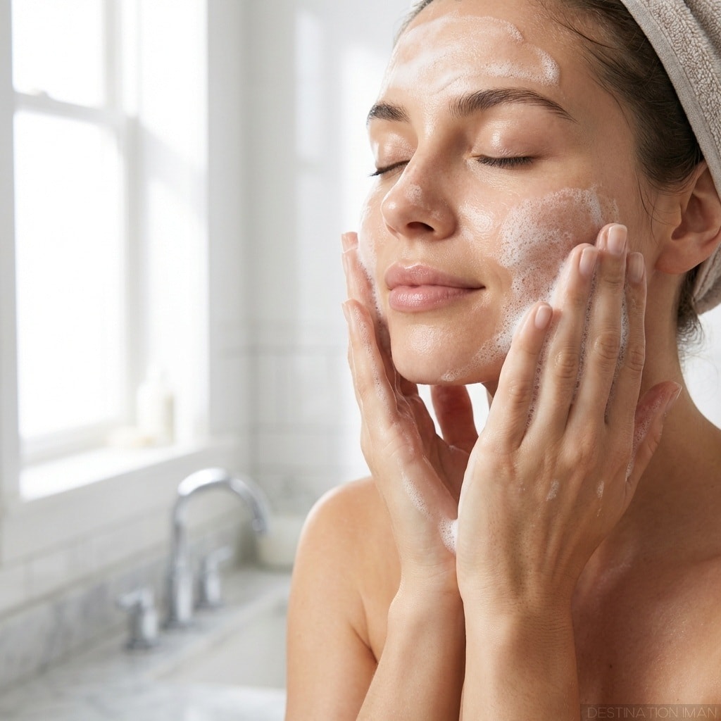 Woman gently cleansing her face with cleanser in a bright bathroom