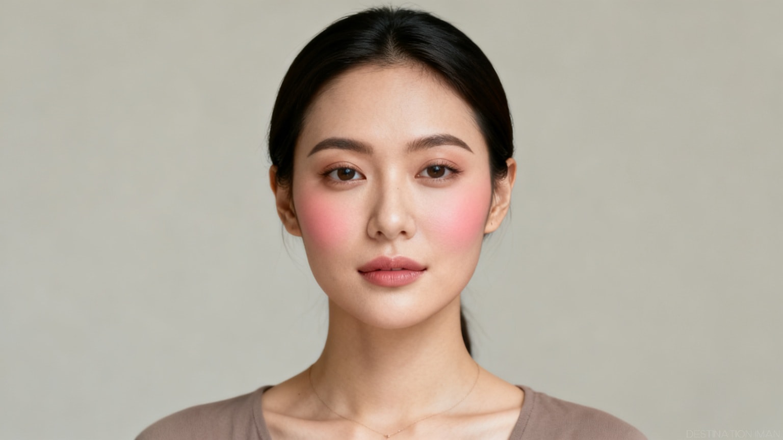 Portrait demonstrating incorrect blush placement that widens the face and photographs poorly from eye-level camera angle