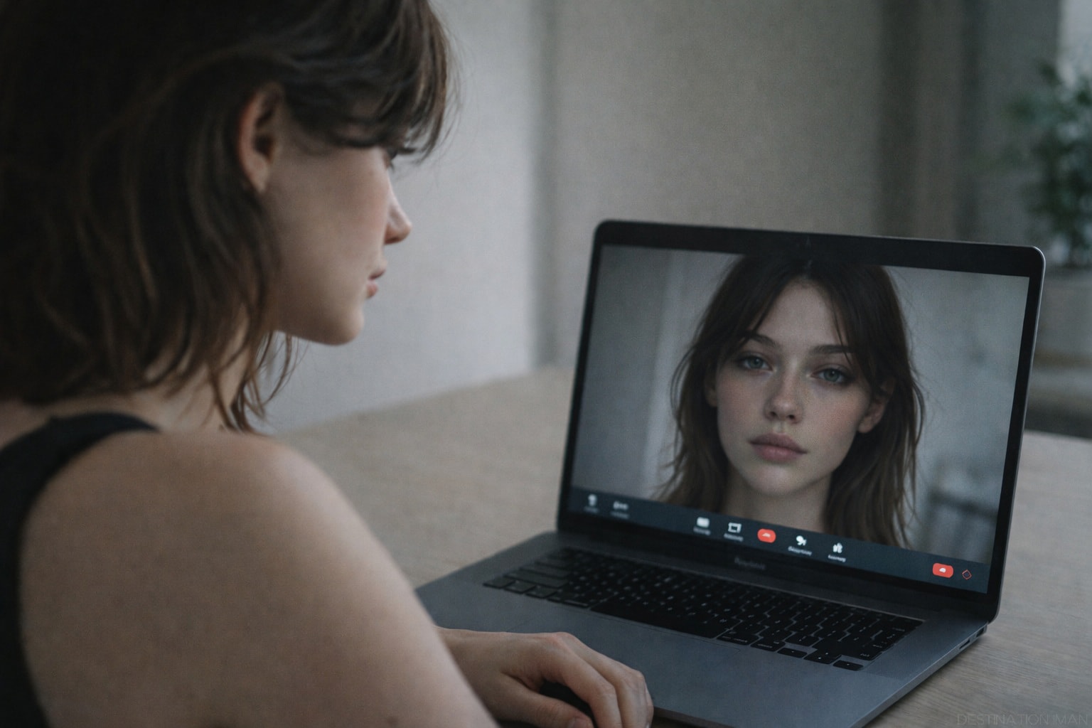Woman observing her own face during a video call on a laptop, illustrating how constant self-view in remote work environments alters self-perception